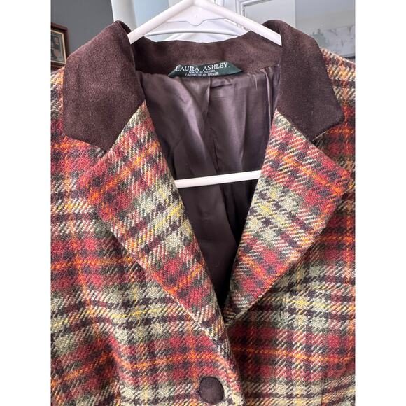Vintage Laura Ashley brown Plaid Wool Blazer suede collar Equestrian Academia 4 - Picture 9 of 14